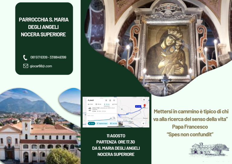 11 agosto 2025: Pellegrinaggio la comunità di S. Maria degli Angeli si incammina in preghiera per unirsi alla comunità di Materdomini di Nocera Superiore e condividere la celebrazione eucaristica, durante la S. Messa delle 19.00, presieduta dal parroco P. Giovanni Caruso
